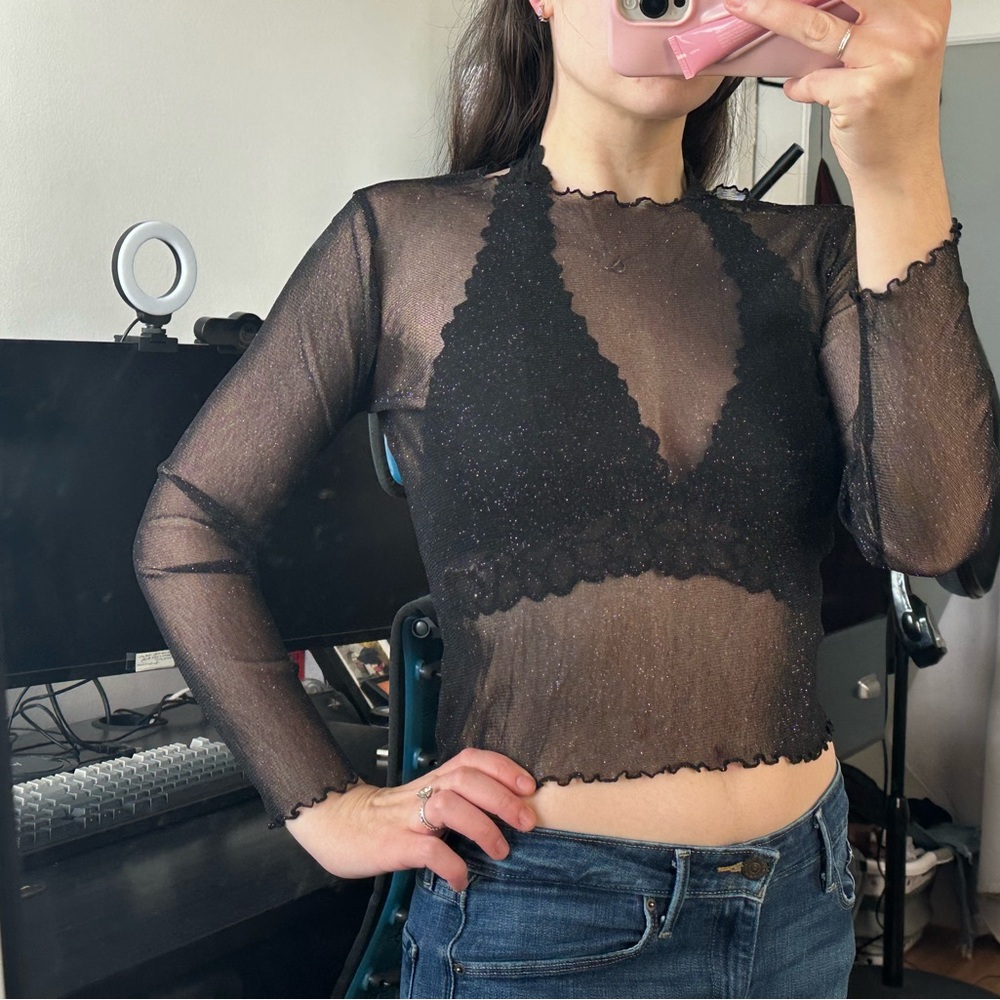 Sheer Brandy Melville Black Mesh Long-Sleeve Crop Top